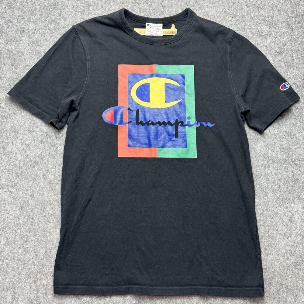 Vintage Champion Shirt Mens Medium Black Heritage Colorblock Logo Athletic Tee
